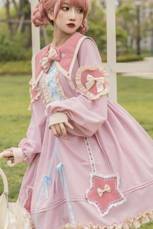 Pentagram Embroidered Lolita OP Dress - Chiffon Lantern Sleeve