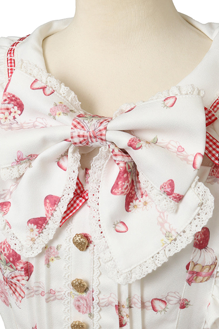 Ivory Sweet Dress with Puff Sleeves and Lace-Up Back - Creamy Berry