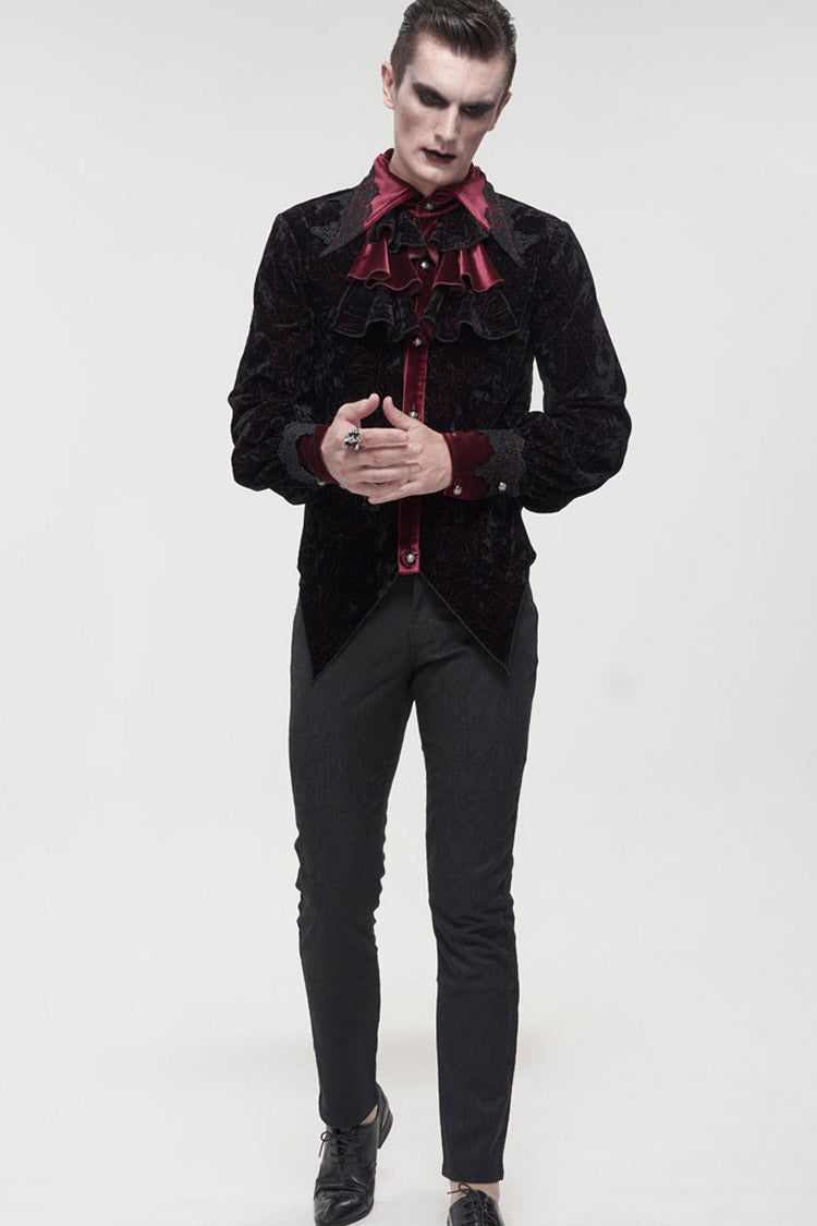 Crimson & Noir Velvet Stand Collar Ruffle Lantern Sleeve Gothic Shirt for Men