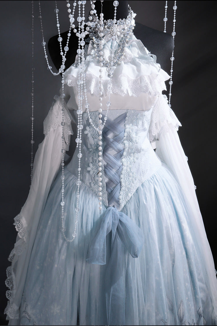 Snow Lily Print Ruffle Hanayome Embroidery Lace-Up Elegant Princess Lolita Skirt Set in Blue