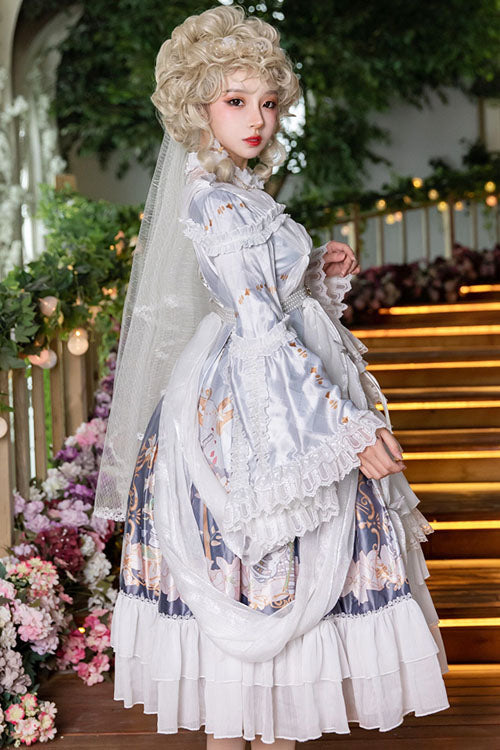 Ivory and Lavender Hanayome Cardigan High-Waist Flared Sleeve Layered Ruffled Sweet Lolita OP