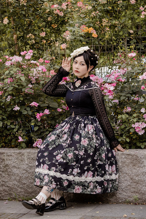 Black French Rose Floral Print V-Neck Sleeveless Ruffled Classic Lolita JSK Dress - Altfashion Shop