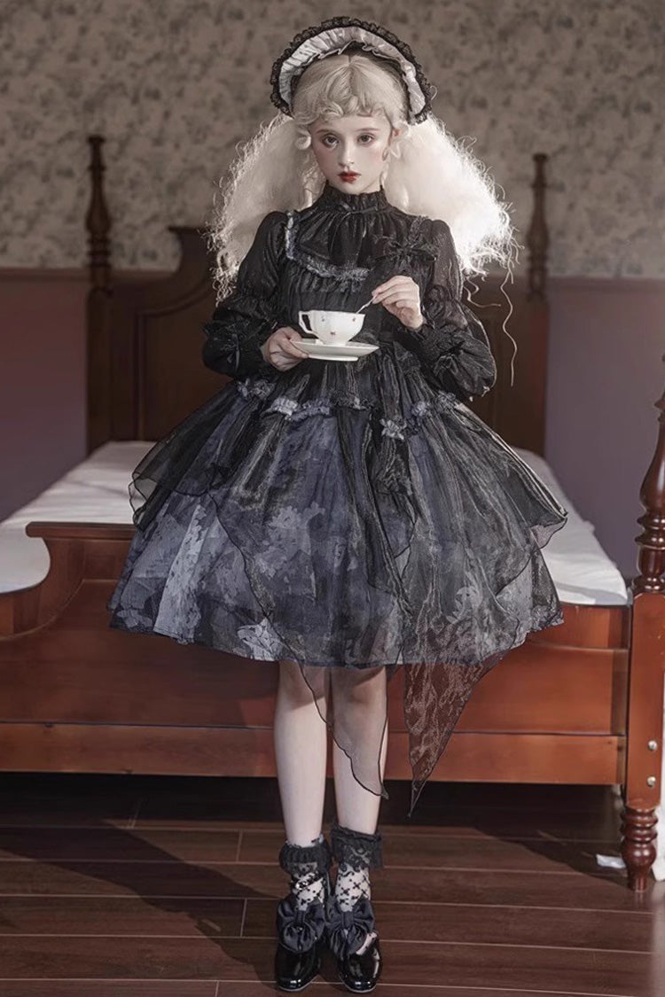 Black Mandarin Collar High-Waist Dead Leaf Print Tulle Gothic Lolita JSK