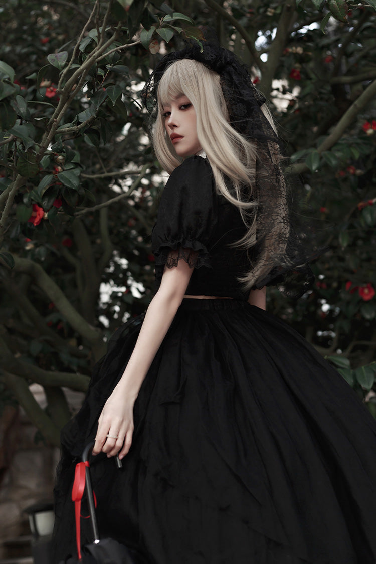 Embroidered Cutout Lolita Dress Set with Short Sleeves in Black