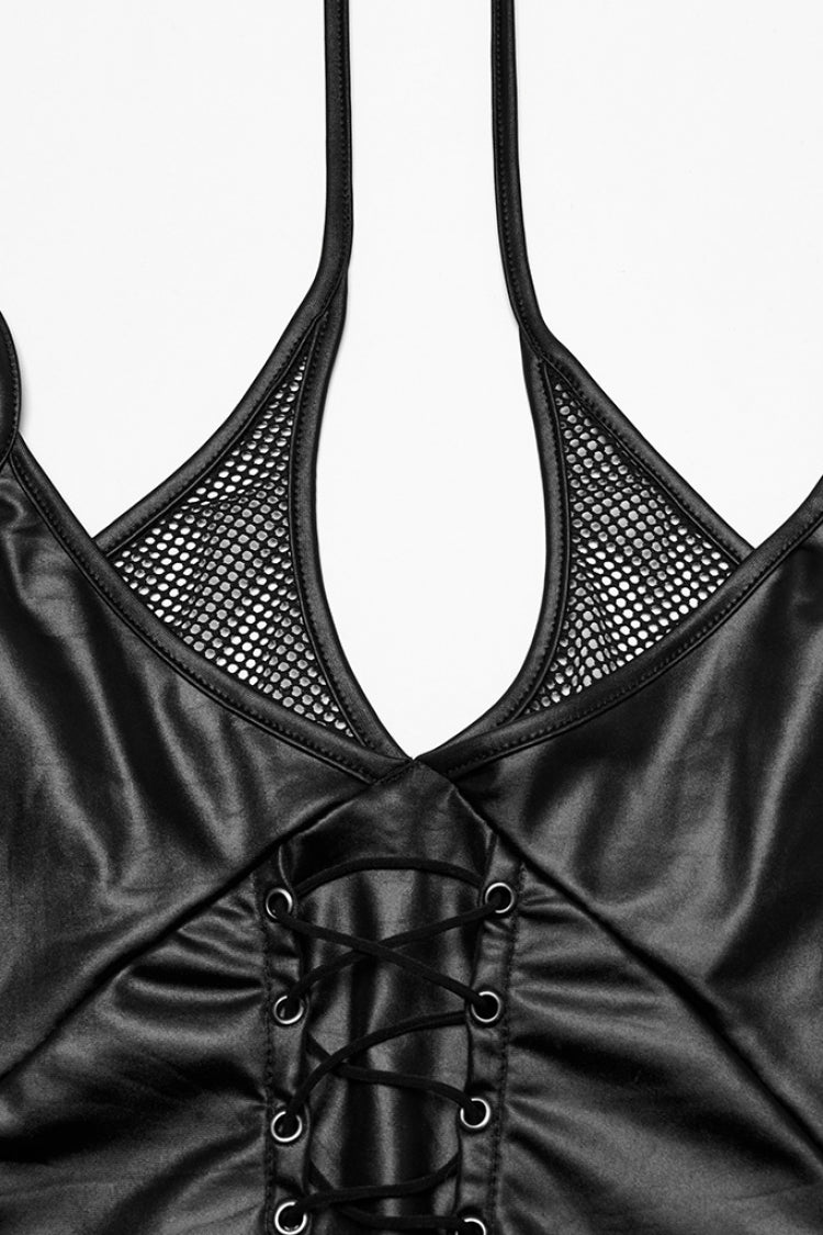 Deep Black Plunging Lace-Up Irregular Sleeveless Halter Punk Top