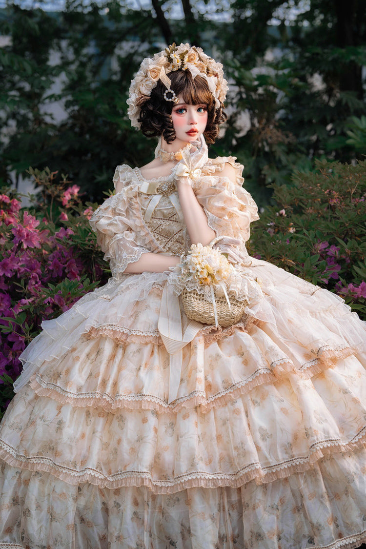 Yellow Off-Shoulder Princess Dress with Ruffle Print