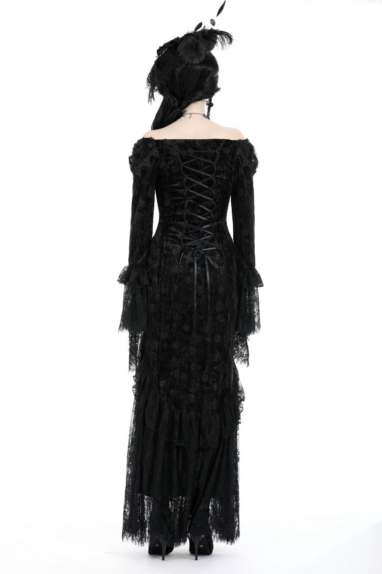 Off Shoulder Lace Long Trumpet Sleeves Lace-Up Gothic Bodycon Dress