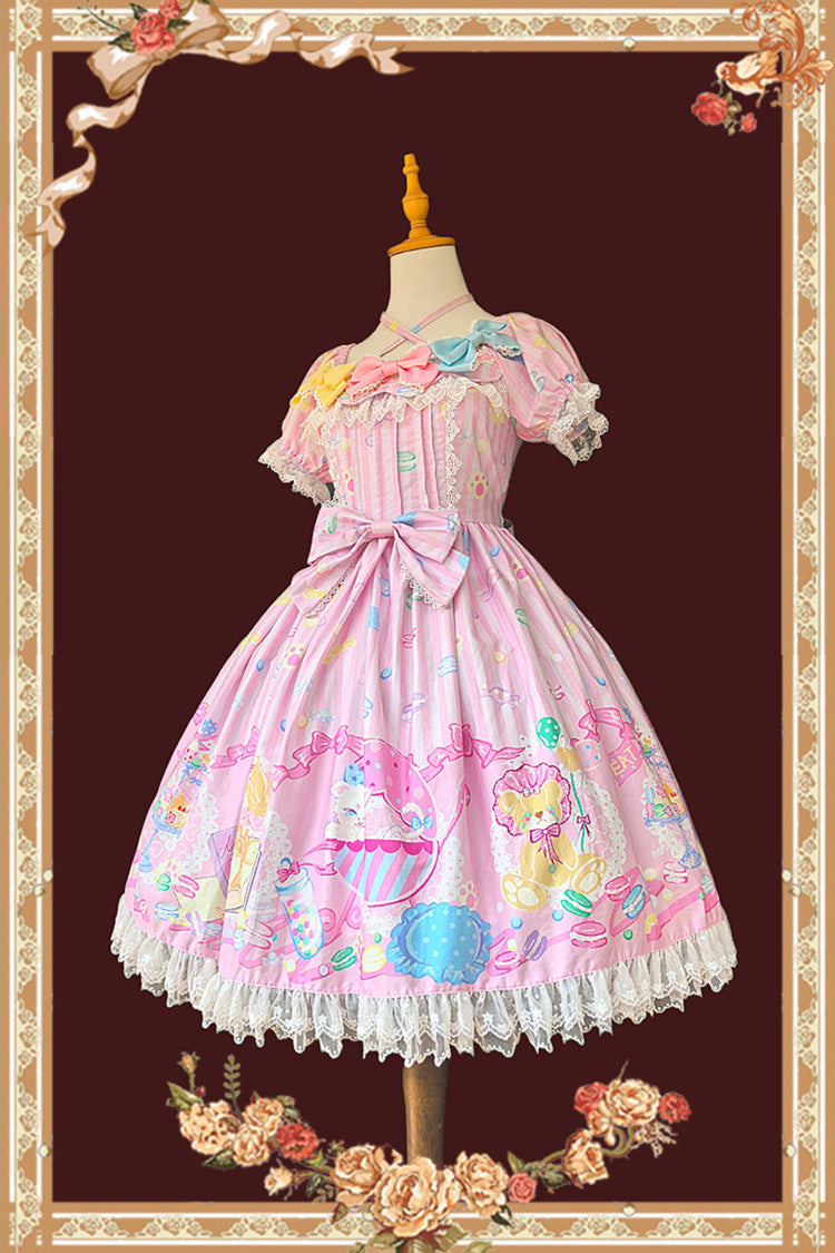 Pink Square Collar Lantern Sleeve Sweet Lolita Dress with Bow Print - Macarons Dolly House