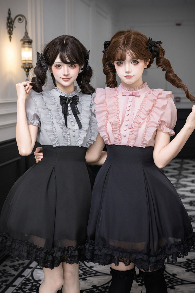 Miss Lola Snow Kiss Stand Collar Short Puff Sleeves Ruffled Color-Blocked Faux Two-Piece Sweet Lolita Dress 3 Colors - Black