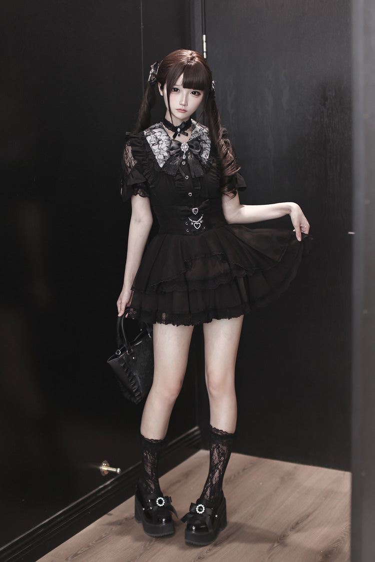 Onyx Collar Short-Sleeve Double Ruffle Cut-Out Set - Dreamy Love Ballad
