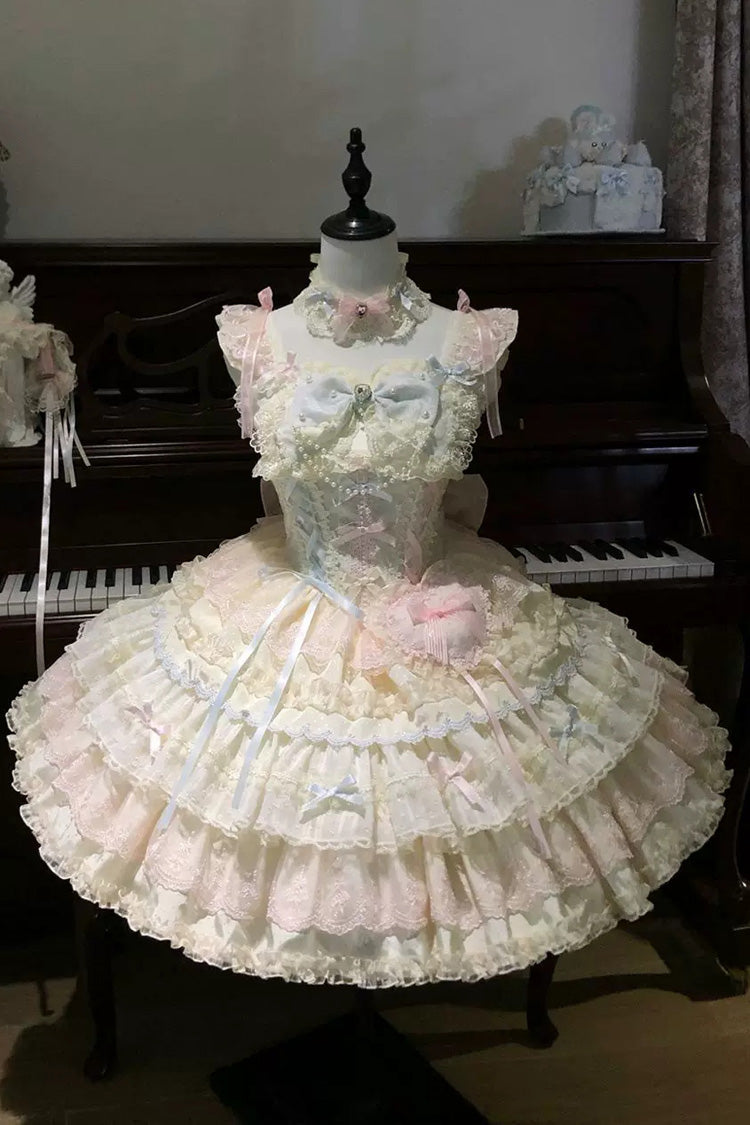 Sweet Lolita JSK Dress with Square Collar and Ruffled Bow - Apricot/Pink