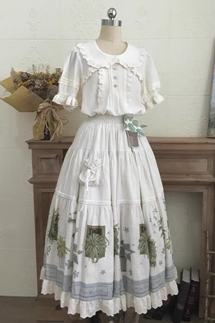 Cream Potted Plant Floral Frilled Sweet Lolita Skirt