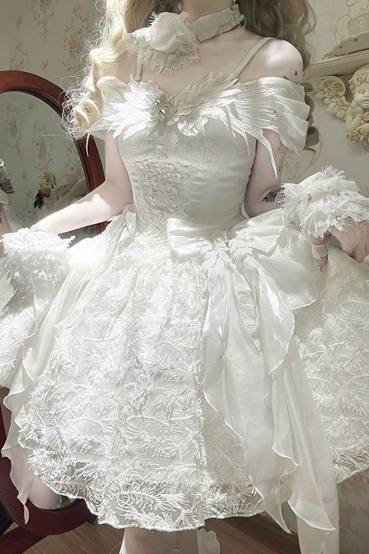 Ivory Square Collar Flutter Sleeve Embroidered Bow Lace JSK