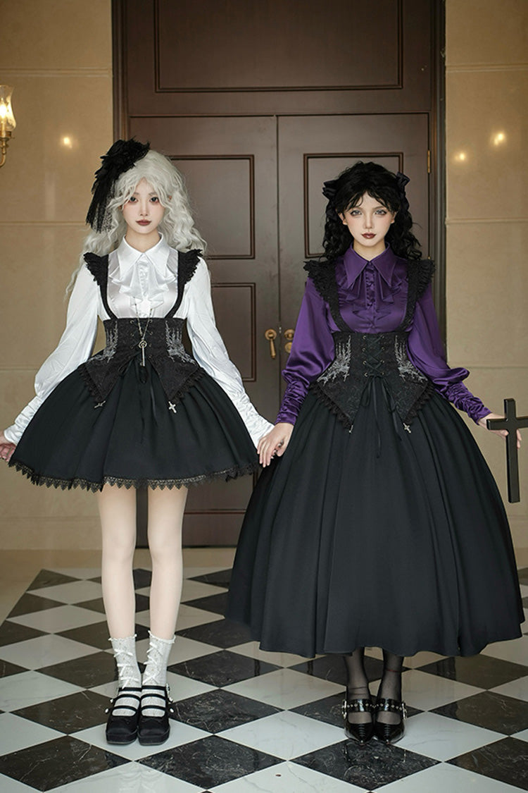 Black Night of Thorns Sleeveless Embroidered Lace-Up Gothic Strap Support Dress