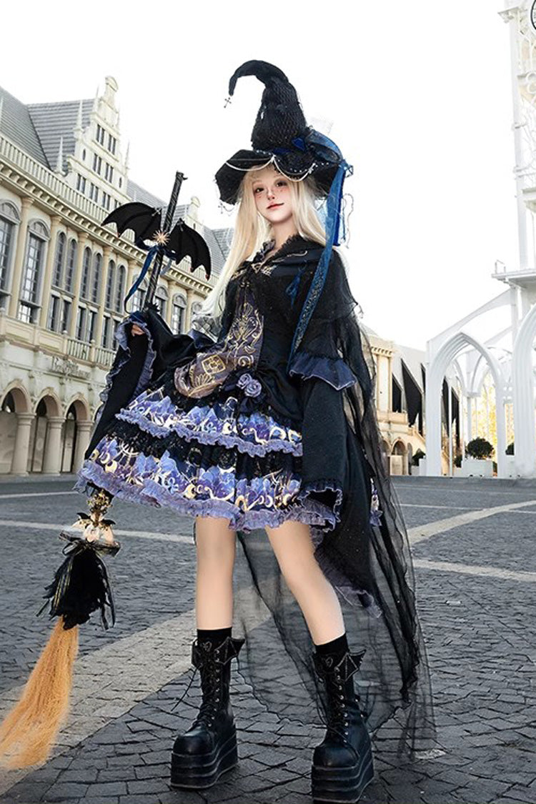 Black Long Sleeve Double Print Ruffle Lace Gothic Lolita Dress
