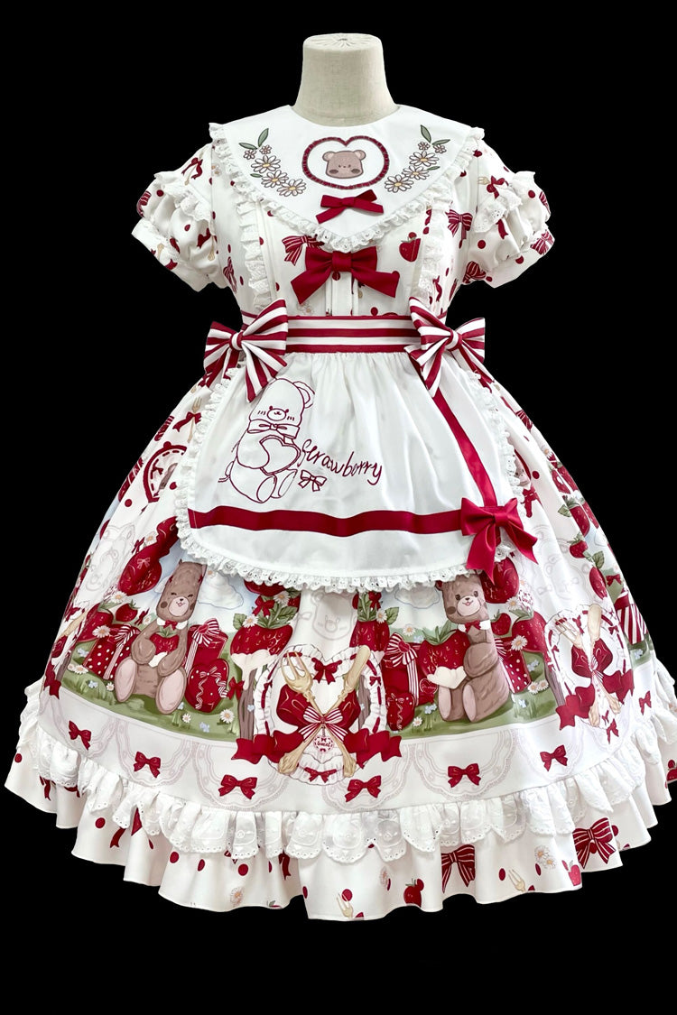 Red White Strawberry Bear Print Ruffle Bow Sweet Plus Lolita Dress