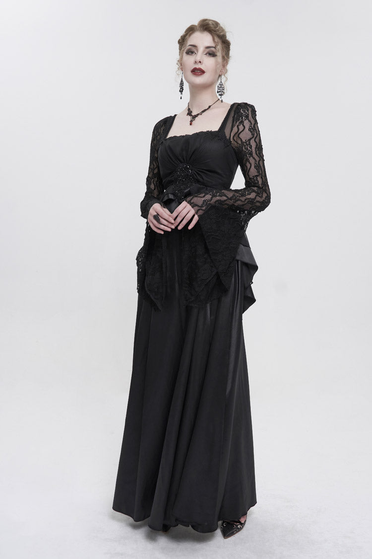 Gothic Pointed Long-Sleeve Back-Zip Satin Floor-Length Black Lace Formal Gown