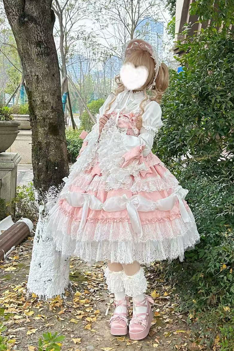 Pink Sleeveless Multi-Layer Ruffle Bow Lace Sweet Plus JSK Dress