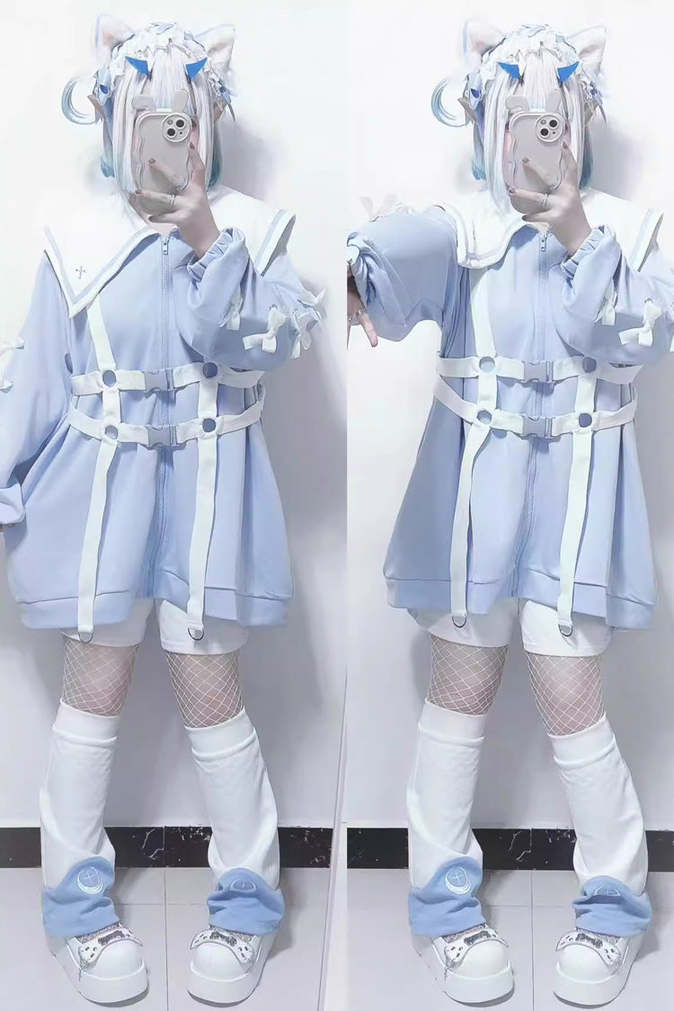 Sailor Collar Long Sleeve Cross Print Bow Coat - Jirai Kei