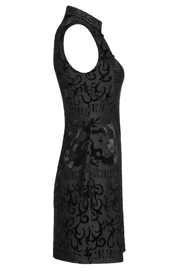 Sleeveless Gothic Gown with Dragon Motif Slit Hem Velvet Stretch