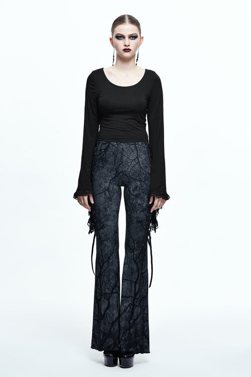 Gothic Bellbottom Pants with Branch Printing and Forest Motif
