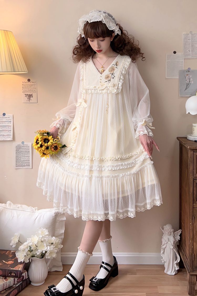Ivory Sweet Princess Lolita Dress with Lace Embroidery Ruffled Bowknot - Sunflower Diary
