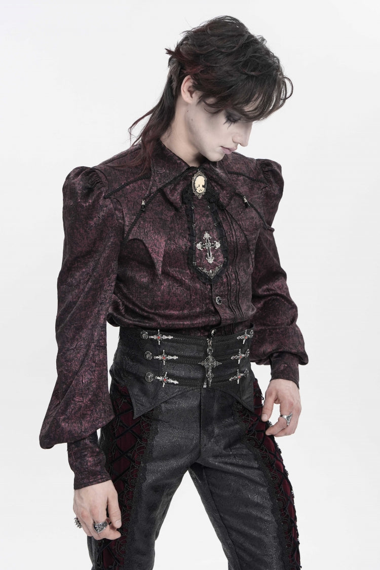 Scarlet Lapel Lantern Sleeve Jacquard Bow Men's Gothic Shirt