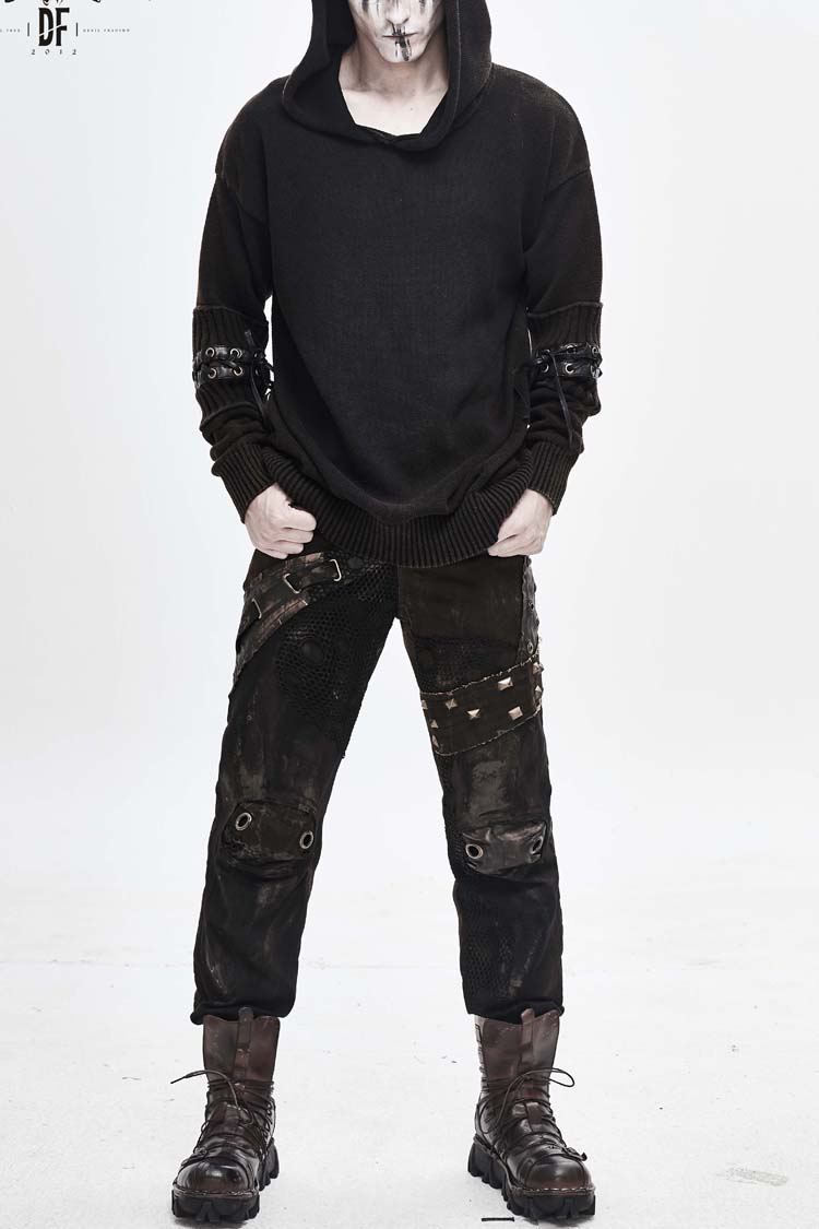 Worn-Out Elbow Leather Strip Lace-Up Hooded Coarse Knit Punk Sweater