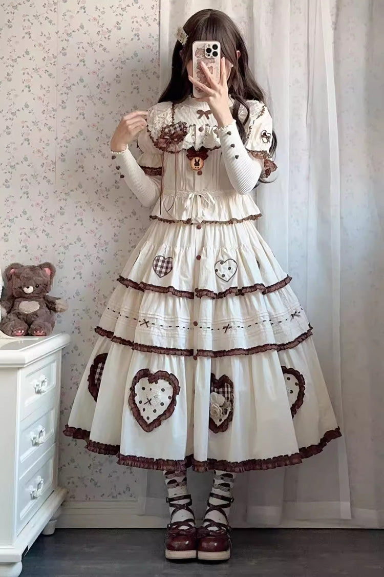 Cream Lovely Heart Triple-Layer Embroidery Bow Frilled Elegant Sweet Lolita Skirt
