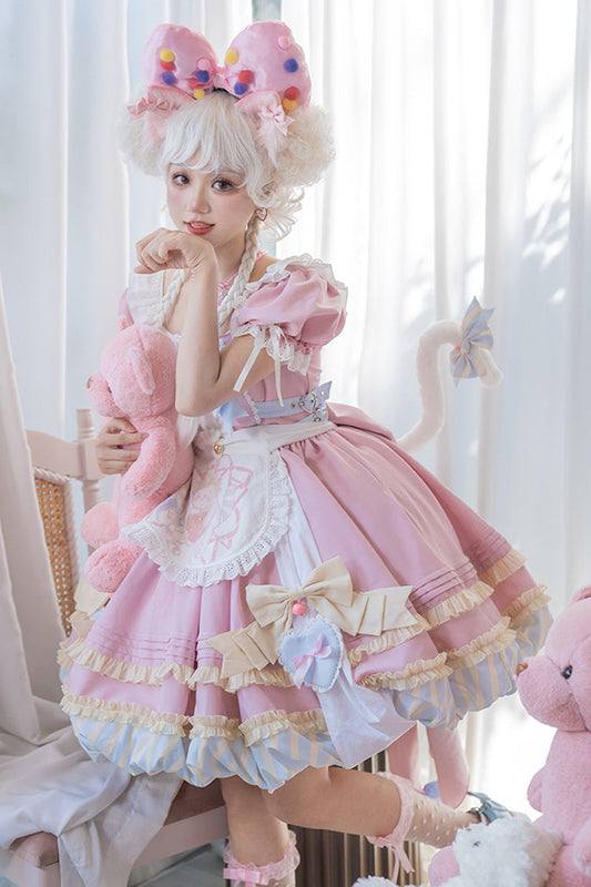 Pink Short Sleeve Print Ruffle Bowknot Lace-Up Sweet Princess Dress Set