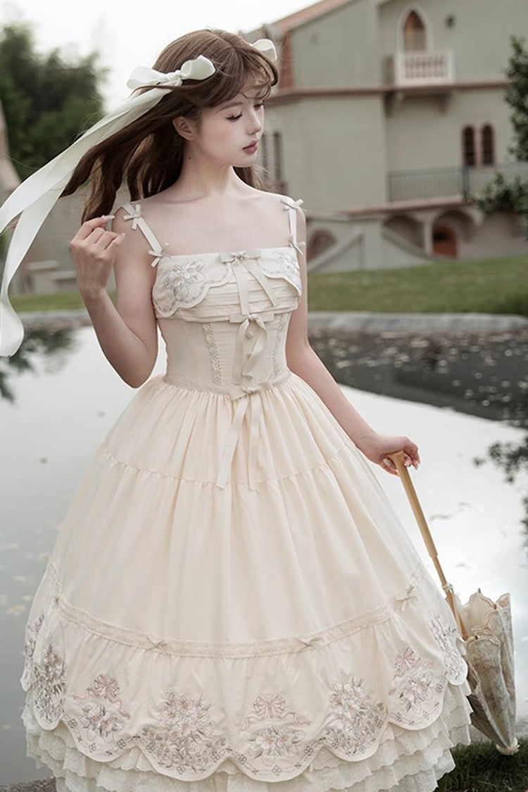 Apricot Princess Lolita JSK Dress with Triple-Layer Ruffles Embroidery Bowknot and Lace