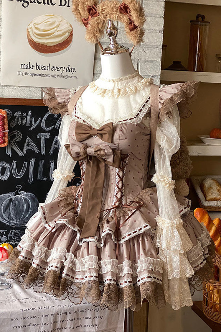 Chocolate Sleeveless Lace-Up Bow Princess JSK with Double Layers