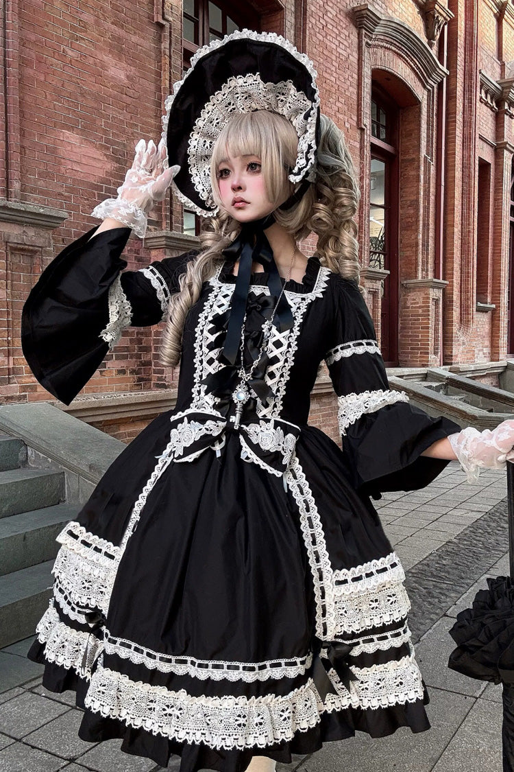 Black Trumpet Sleeve Gothic Dress with Lace and Bow