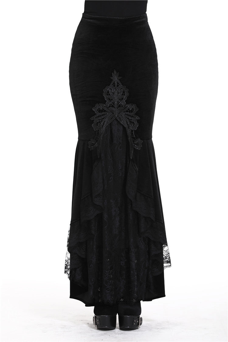 Sable Velour Lace-Trim Gothic Mermaid Skirt