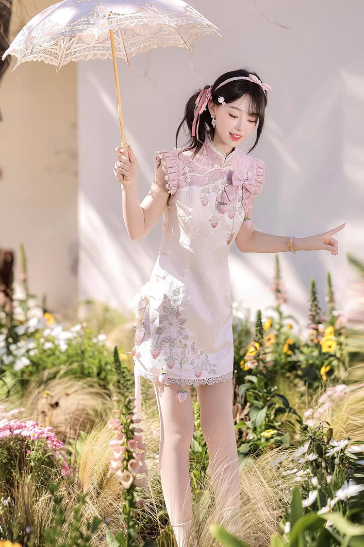Ivory and Pink Spring Strawberry Stand Collar Ruffled Embroidered Lace Color-Blocked Chinese Sweet Lolita Cheongsam