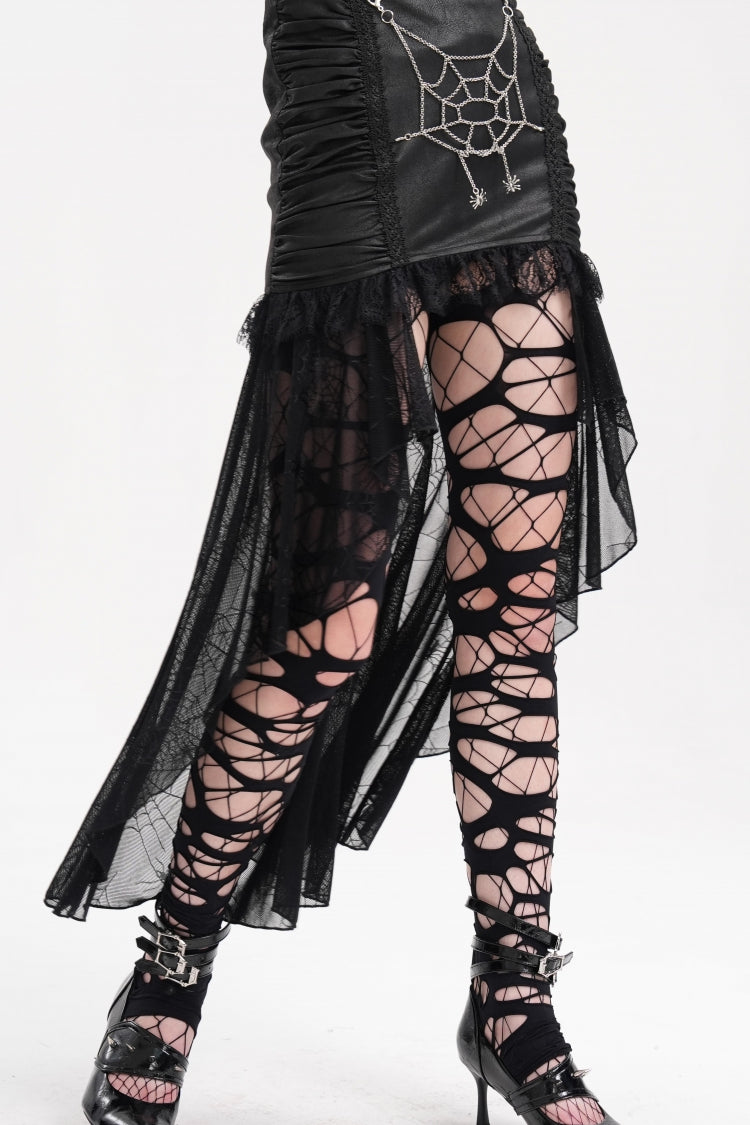 Gothic Skirt with Irregular Hem Lace Chain and Mesh