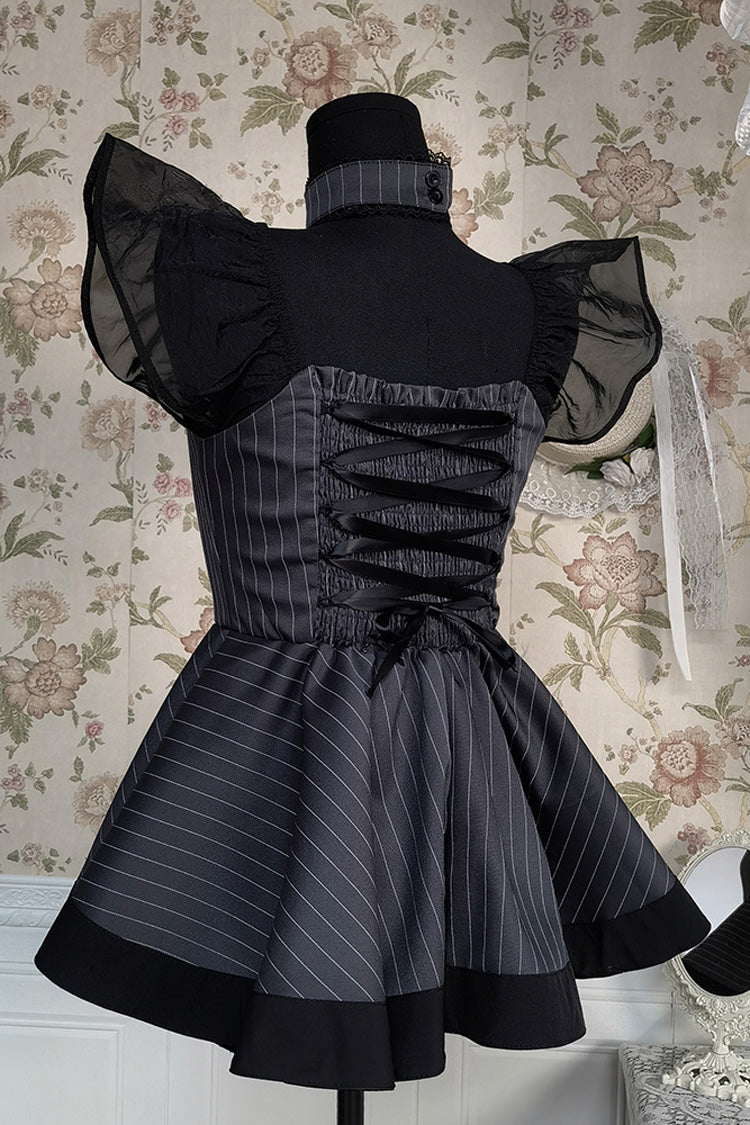 Grey Striped Ruffled Bow Gothic Japanese Maid Lolita Dress
