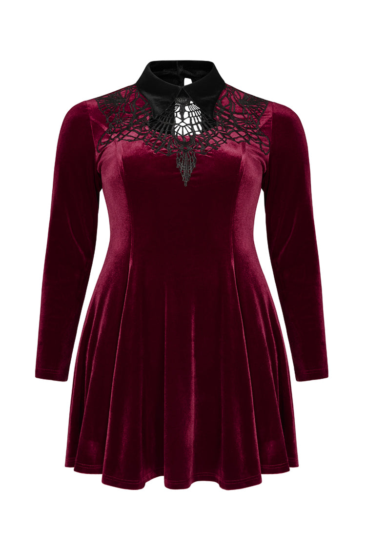 Velvet Front Chest Hollow-Out Decals Back Lace-Up Long Sleeve Plus Size Gothic Dress
