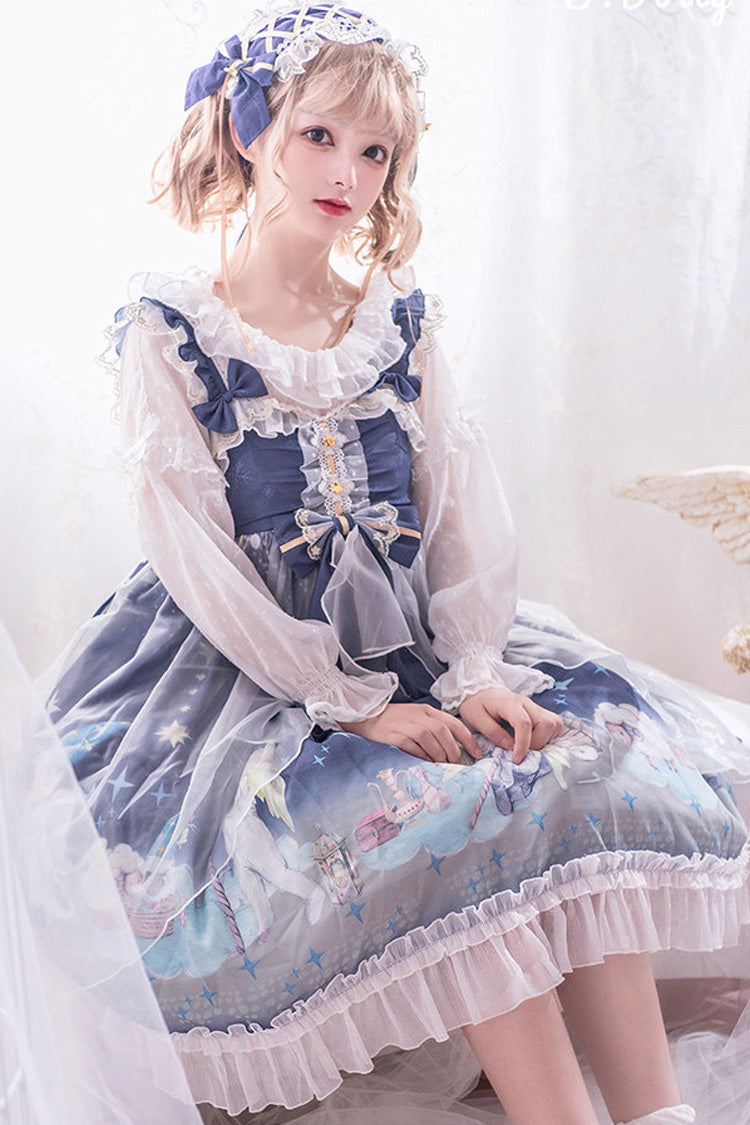 Blue Lace Chiffon Sweet Lolita Jsk Dress Little Prince Printed - Altfashion Shop