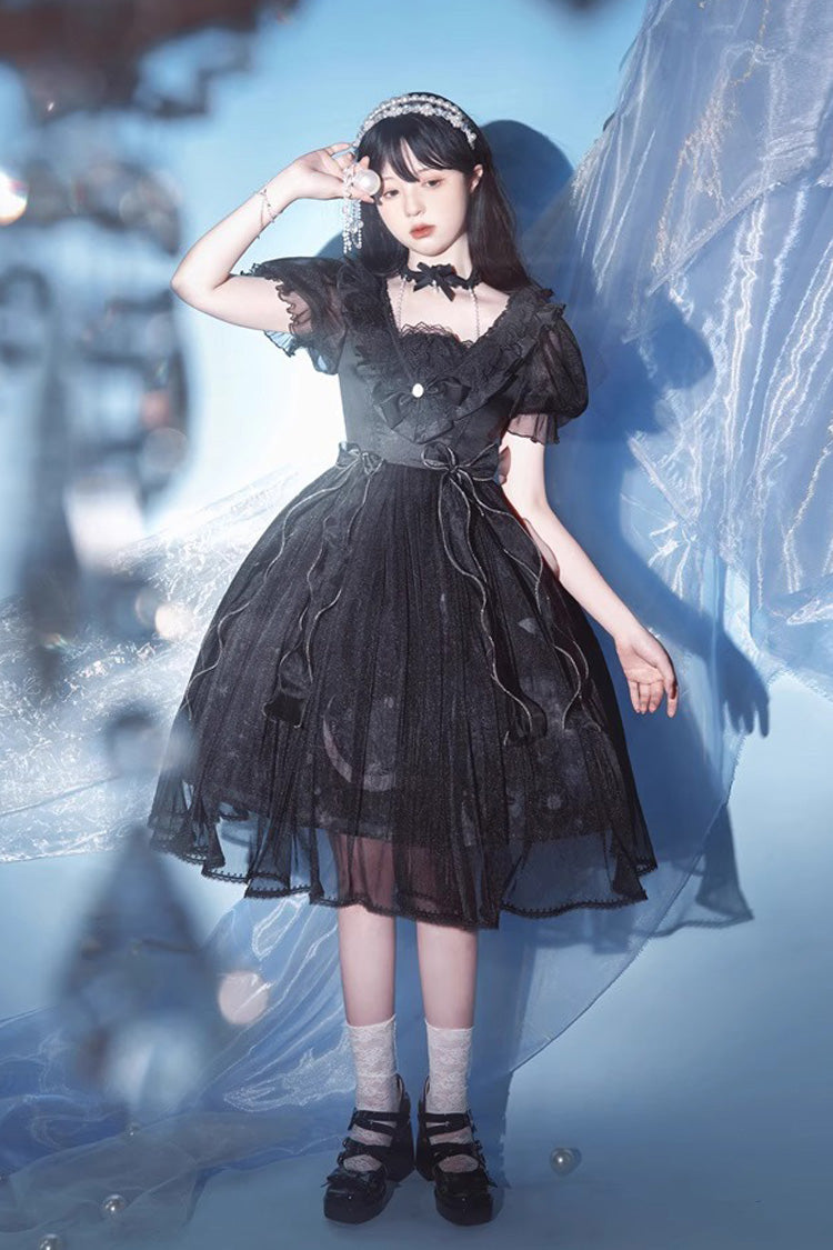 Black Planet Butterfly Printed Gothic Lolita Dress - High-Waisted Ruffled Lace