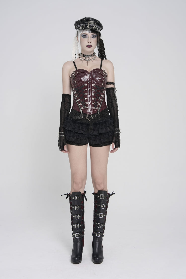 Crimson Studded Punk Corset with Lacing and Zip