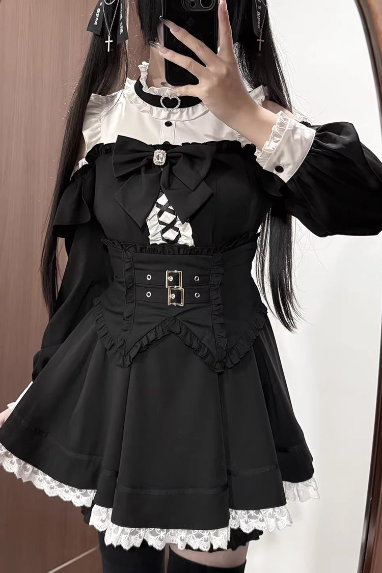 Monochrome Off-Shoulder Ruffle Jirai Kei Dress Ensemble