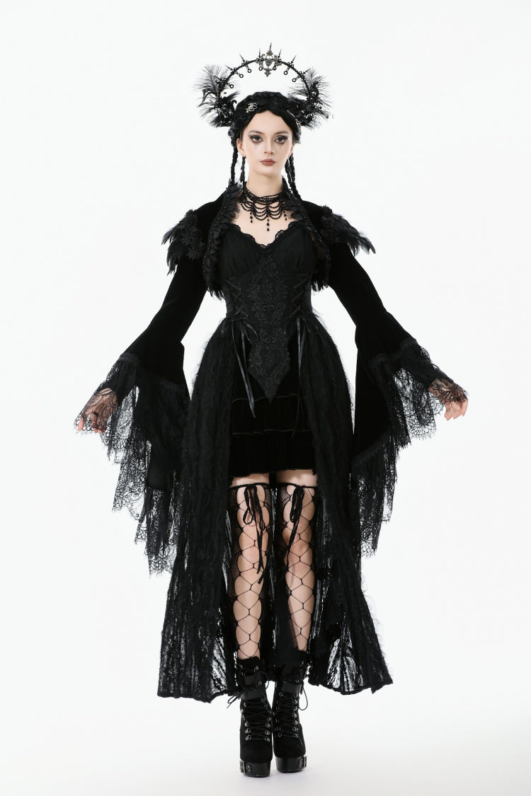 Spliced Velvet Long Flared Sleeve Floral Feather Gothic Cape for Women Lace