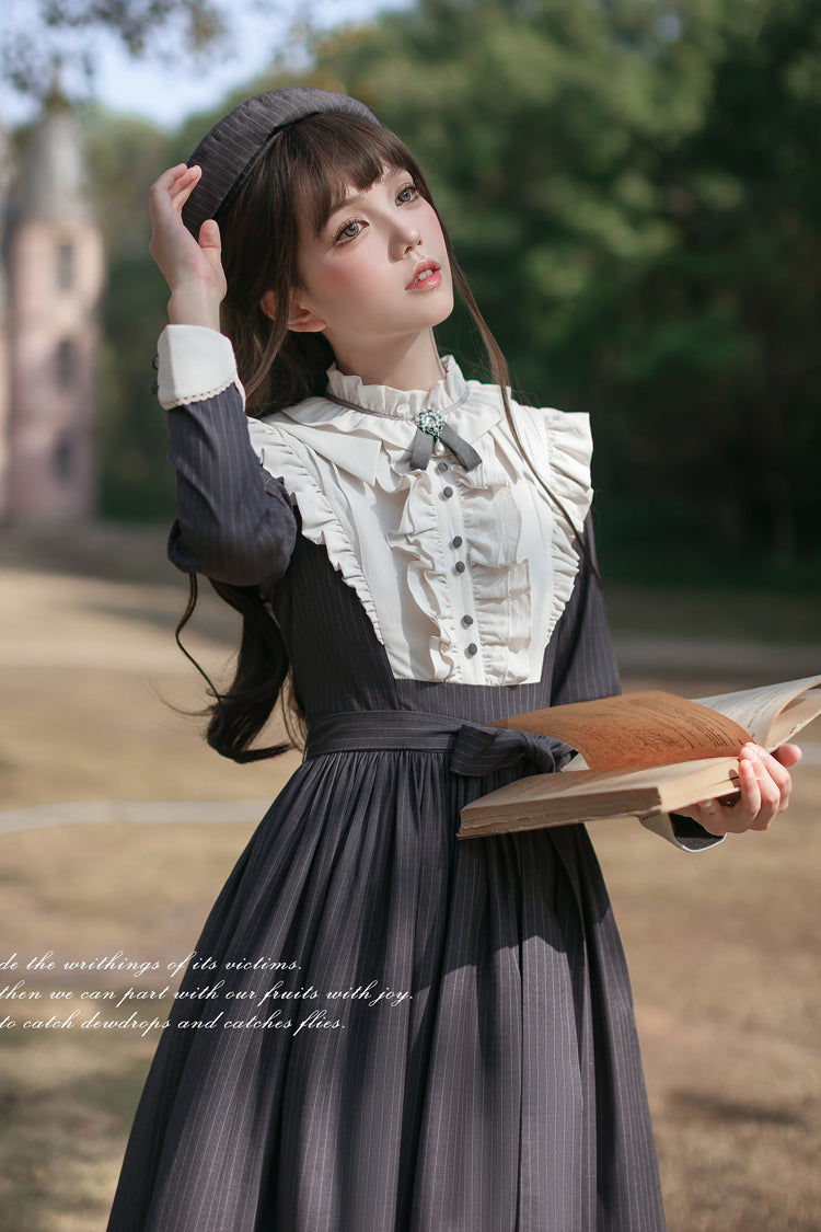 Striped Ruffle Bowknot Long Sleeve College Style Lolita Dress Dark Blue