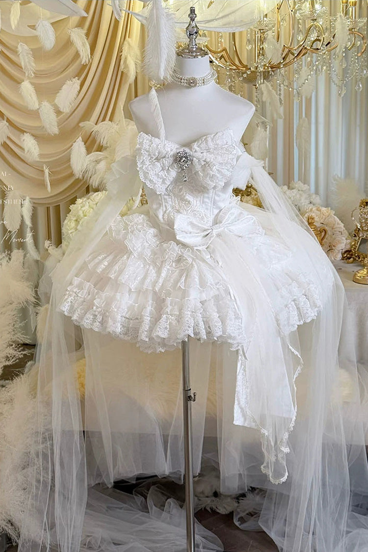 Ivory Sleeveless Layered Lace JSK Dress with Bow Details - White Feather Promise