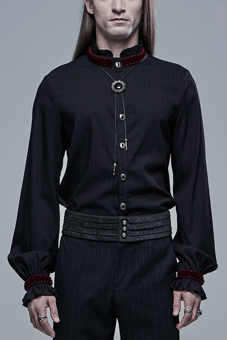 Crimson & Noir Retro Metal Button High Collar Lantern Sleeve Men's Shirt