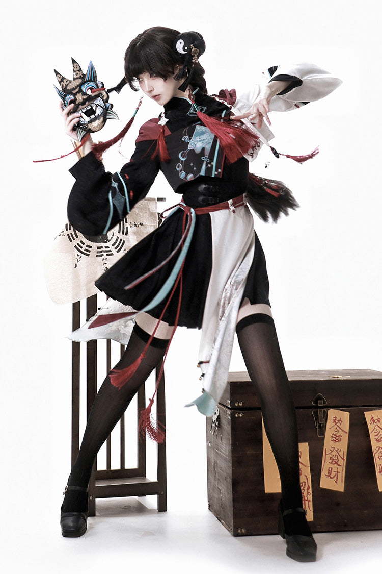 Multi-Color Asymmetric Chinese Ouji Skirt with Demon Print - Walking With The Demon