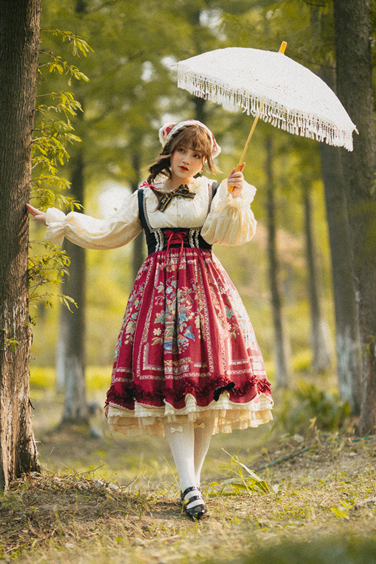 Wine Red Velvet Classic Lolita JSK Dress with Berries and Birds Print Ruffle Bowknot