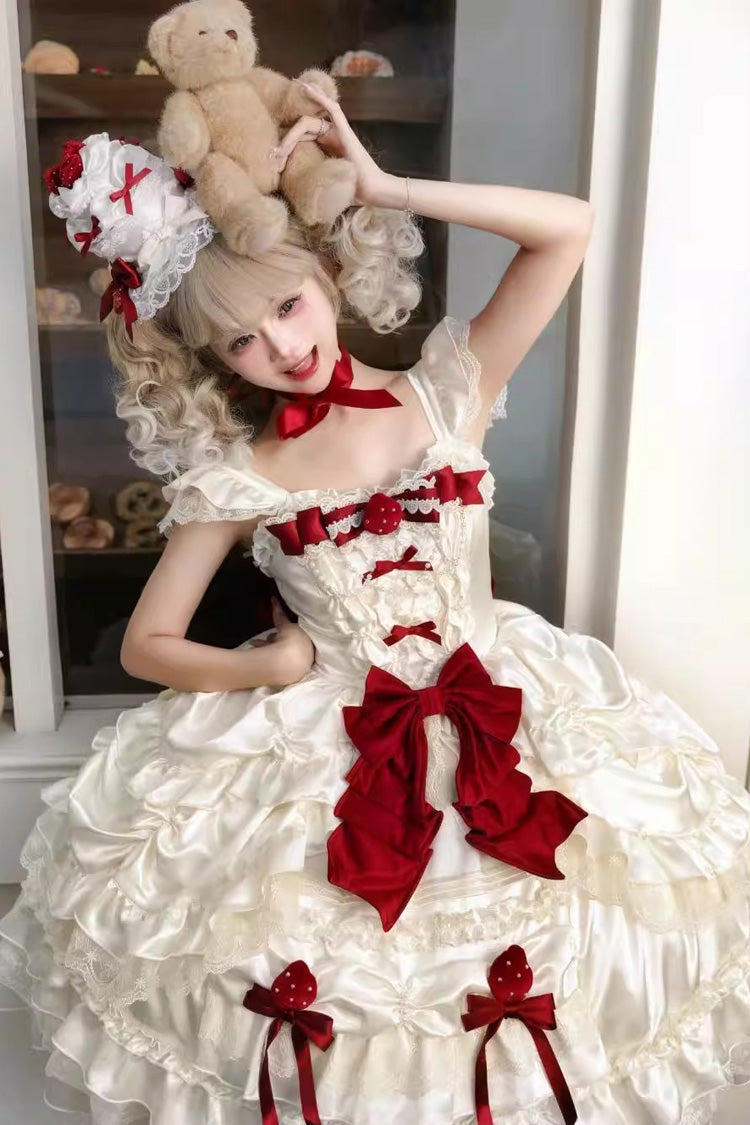 Sweet Apricot Square Collar Sleeveless Layered Ruffle Embroidered Bow Lolita JSK