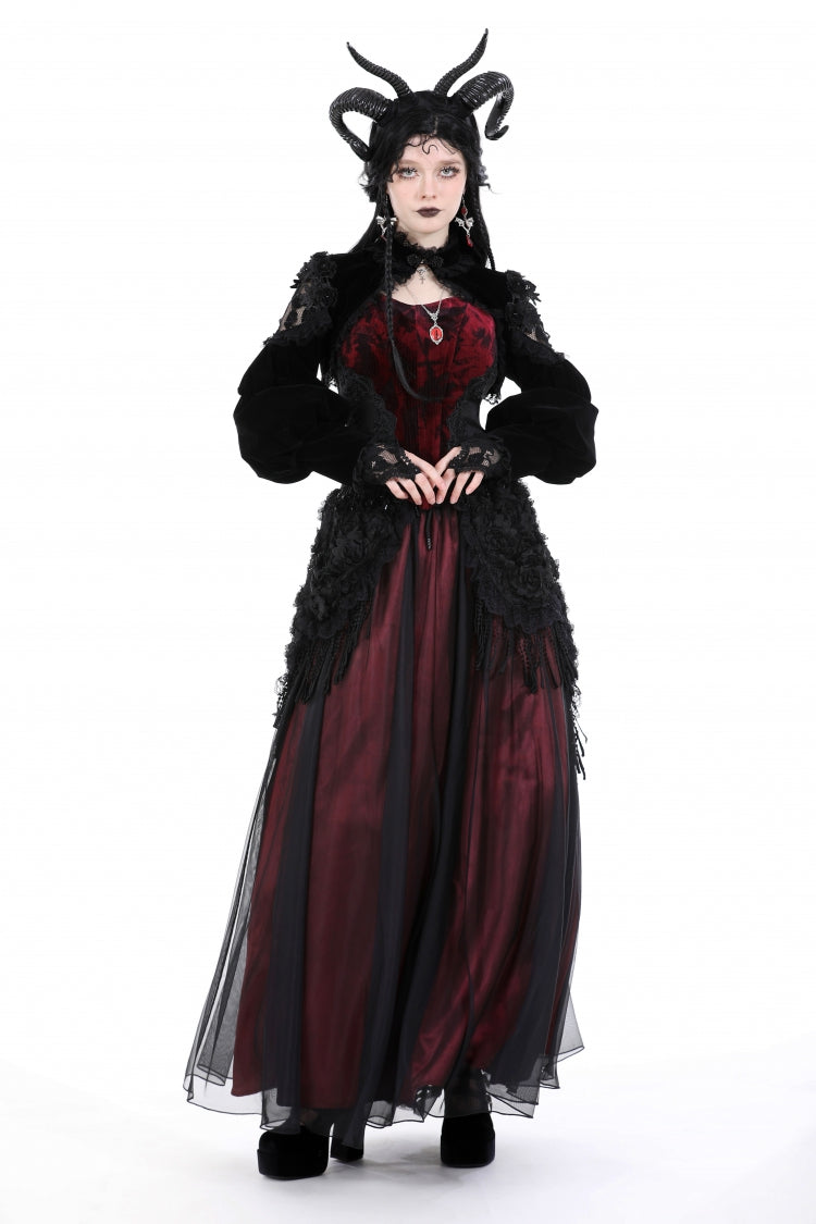 Jet-Black Gothic Cape with Velvet Panels and Lantern Sleeves